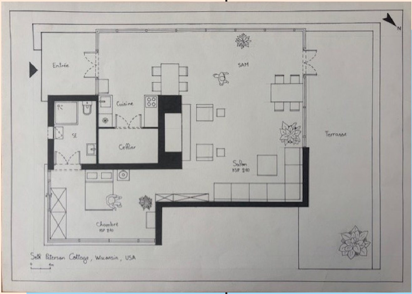 Plan aménagé du Seth Peterson Cottage dessiné à la main